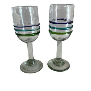 Vintage 2 hand blown goblets water vine glasses aqua turquoise blue green swirl